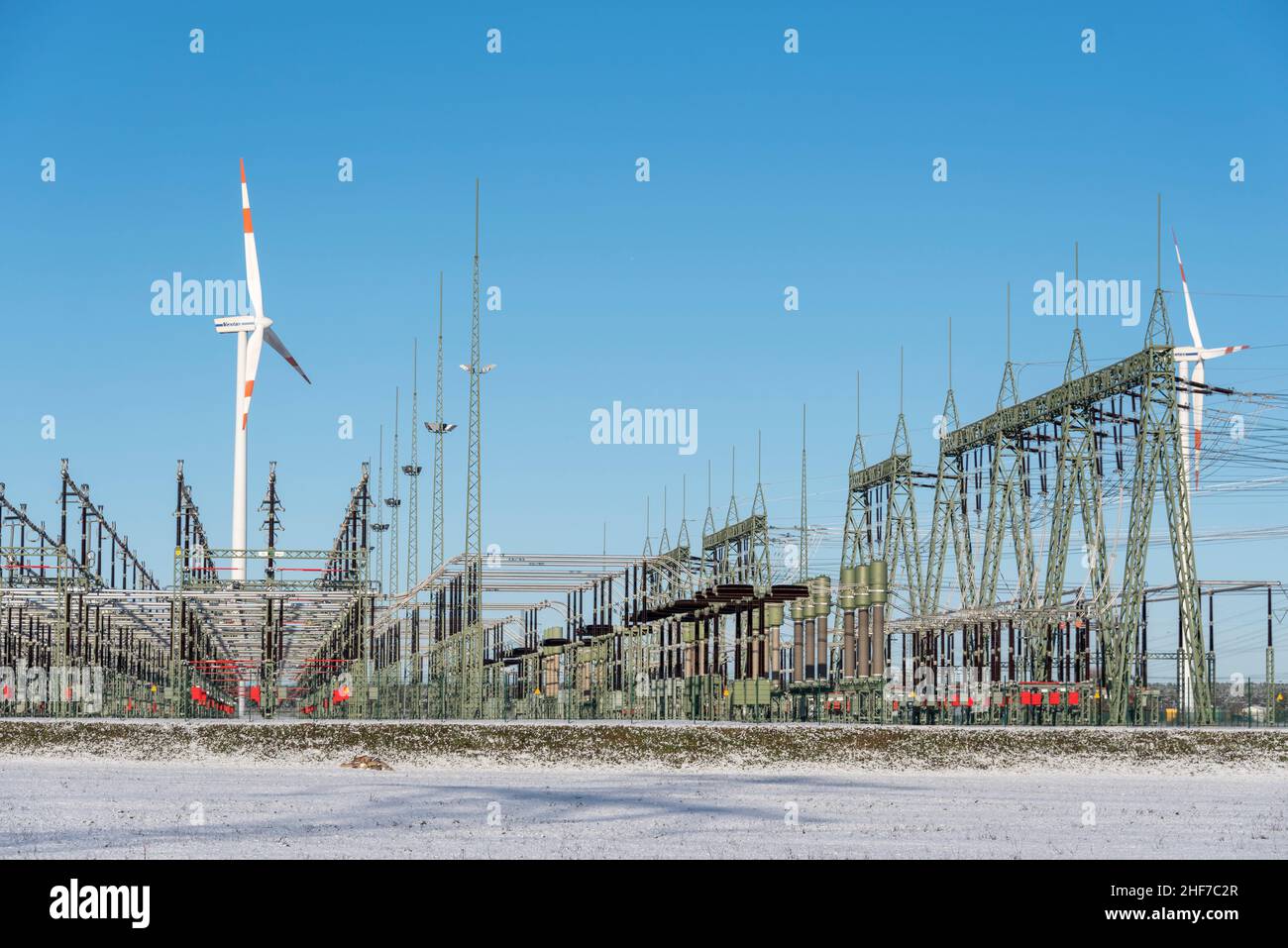 Germany,  Saxony-Anhalt,  substation,  capacitors,  wind turbine Stock Photo