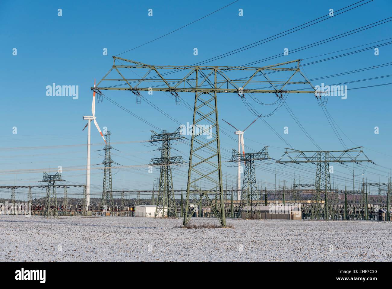 Germany,  Saxony-Anhalt,  Wolmirstedt,  heavy current pylons,  wind turbines,  substation Stock Photo