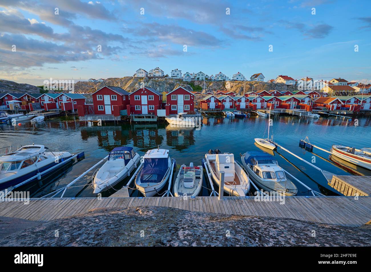 Colorful, boathouses, boats, evening, summer, Smögenbryggan, Smögen ...