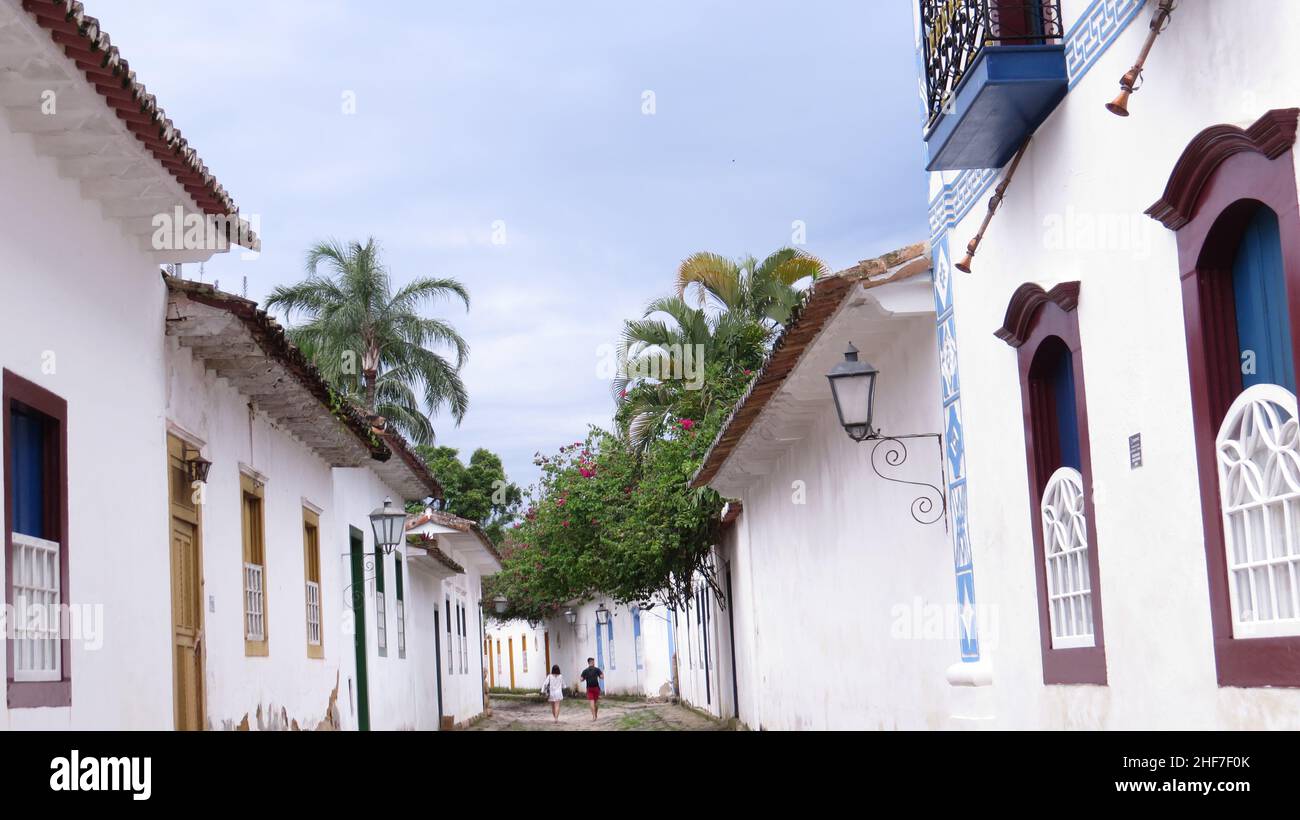 Portuguese colonial style house facades Stock Photo