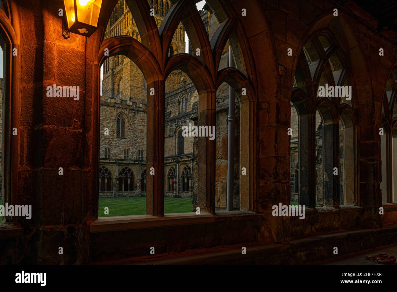 Durham, UK 29 August 2019 The courtyard inside Durham Cathedral. Glowing, illuminating in the