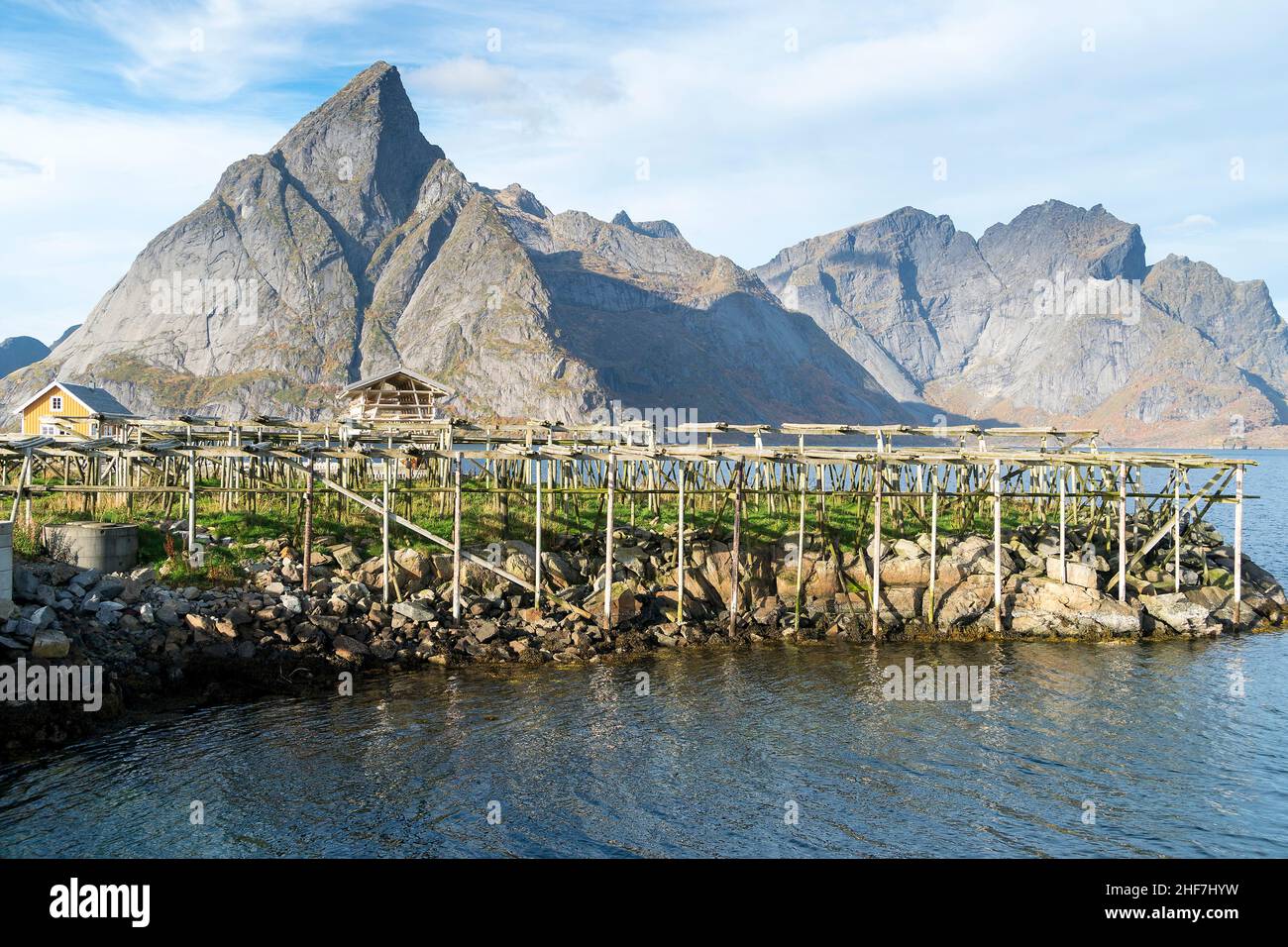 Norway, Lofoten, Sakrisøy, racks for drying cod, stockfish Stock Photo ...
