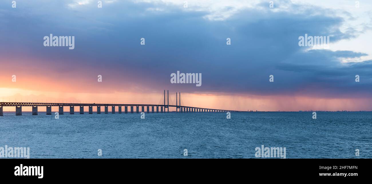 Panorama,  Sweden,  Oresund Bridge,  E20,  connection Malmö - Copenhagen,  sunset Stock Photo