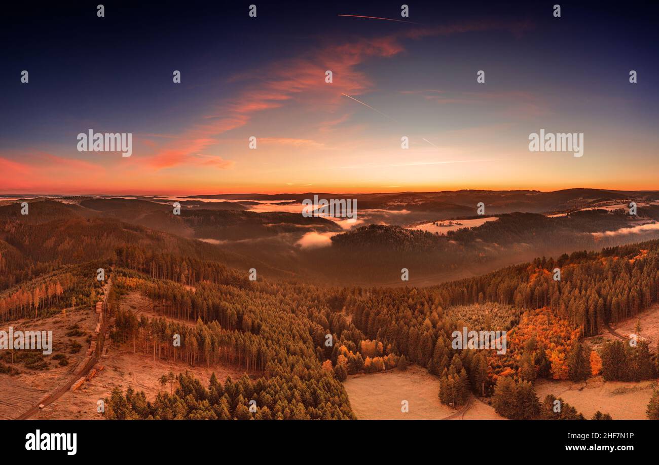 Germany,  Thuringia,  Großbreitenbach,  Wildenspring,  landscape,  forest,  valleys,  mountains,  dawn,  aerial view,  back light Stock Photo