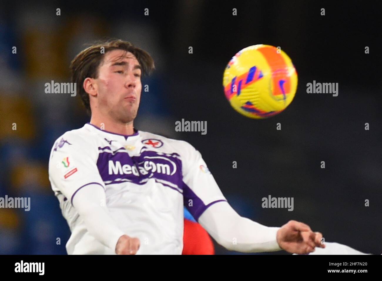 Dusan Vlahovic of ACF Fiorentina in action against Leonardo Bonucci of Juventus  FC during ACF Fiorentina vs Juventu - Photo .LiveMedia/Matteo Papini Stock  Photo - Alamy