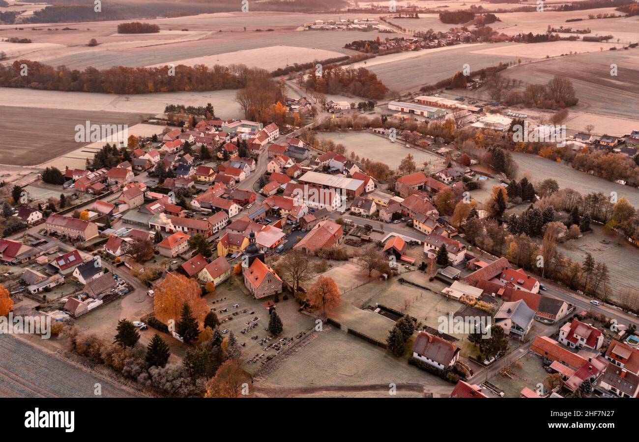 Germany,  Thuringia,  Stadtilm,  district Griesheim,  village church,  village,  Ilm,  fields,  oblique view,  overview,  aerial view Stock Photo