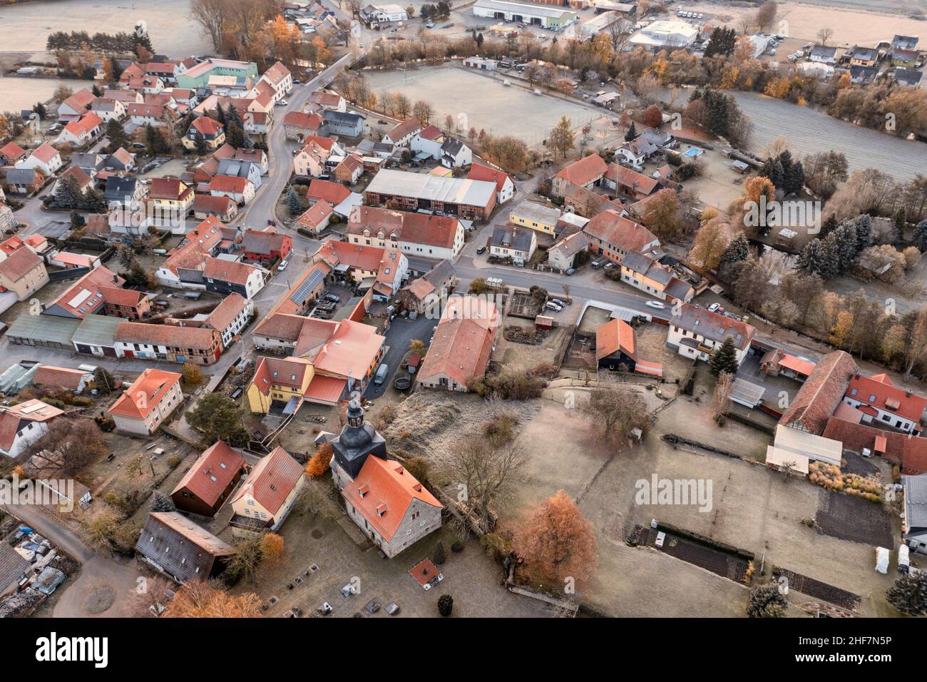 Germany,  Thuringia,  Stadtilm,  district Griesheim,  village church,  Ilm,  village,  oblique view,  overview,  aerial view Stock Photo