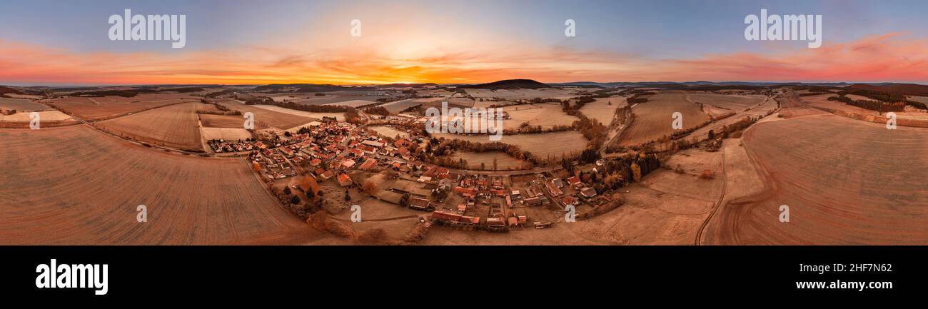 Germany,  Thuringia,  Stadtilm,  district Griesheim,  village,  Ilm,  fields,  dawn,  aerial picture,  partly Gegenlich,  360 –° panorama Stock Photo