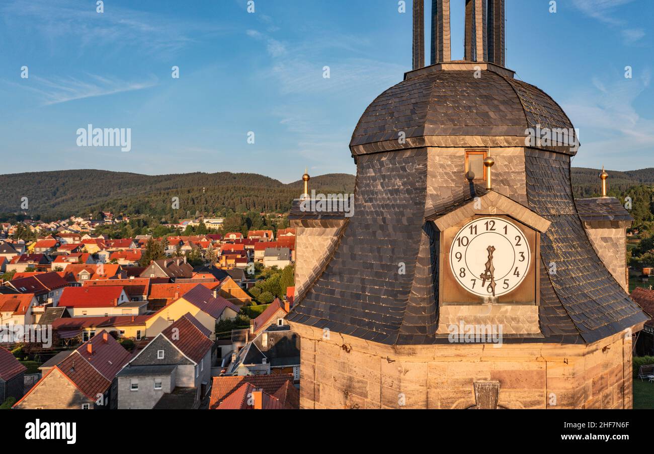 Germany,  Thuringia,  rural community Geratal,  Graefenroda,  church clock,  village,  houses Stock Photo