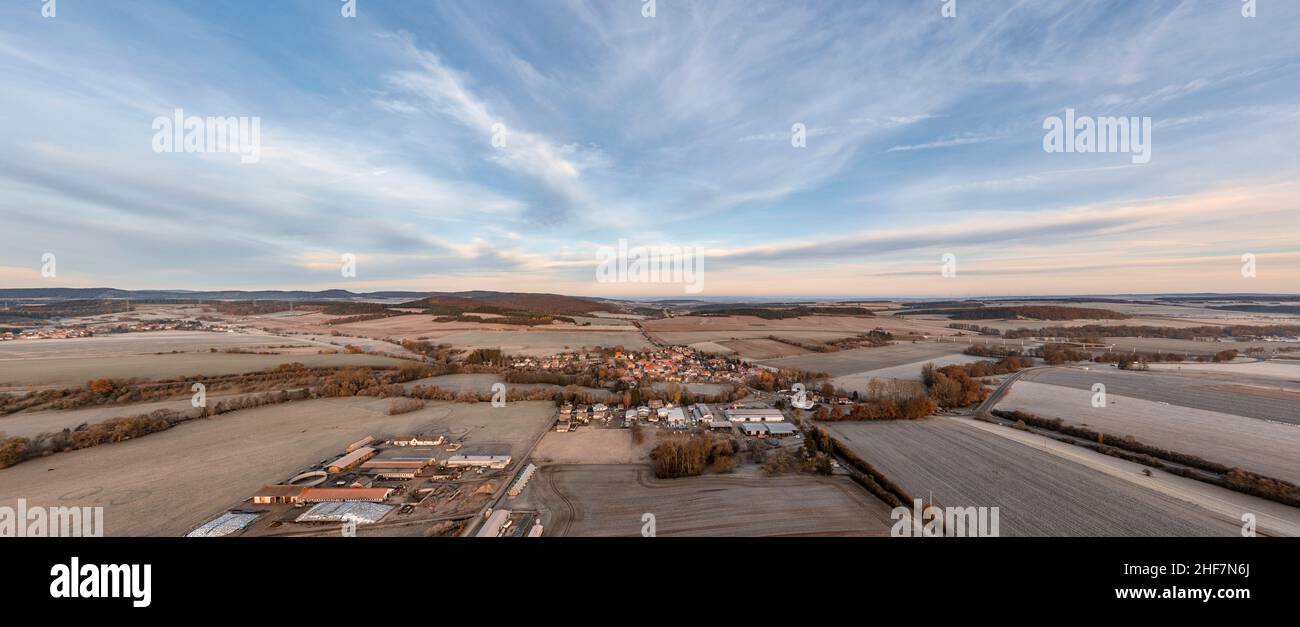 Germany,  Thuringia,  Stadtilm,  district Griesheim,  village,  Ilm,  fields,  scenery,  farms,  fields,  overview,  aerial picture,  panorama Stock Photo