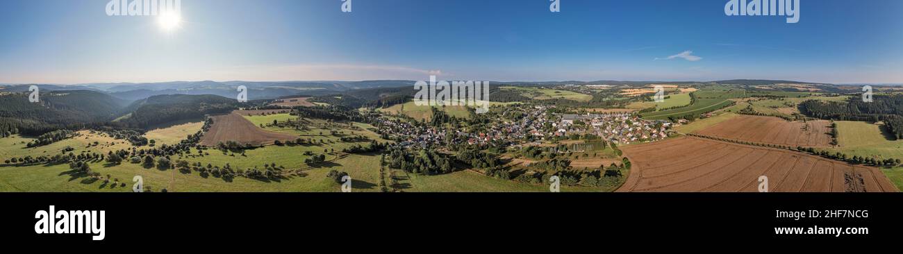 Germany,  Thuringia,  Großbreitenbach (in the background),  Böhlen,  landscape,  fields,  plateau,  sun,  partly back light,  overview,  aerial view,  360 –° panorama Stock Photo