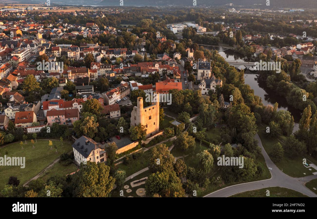 Germany,  Thuringia,  Saalfeld,  high swarm,  castle ruins,  town,  Saale,  oblique view,  overview,  aerial view,  morning light Stock Photo