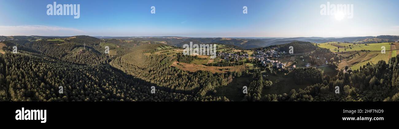 Germany,  Thuringia,  town of Schwarzatal,  Lichtenhain,  village,  landscape,  forest,  fields,  mountains,  valleys,  sunshine,  overview,  aerial view,  360 –° panorama,  partly back light Stock Photo