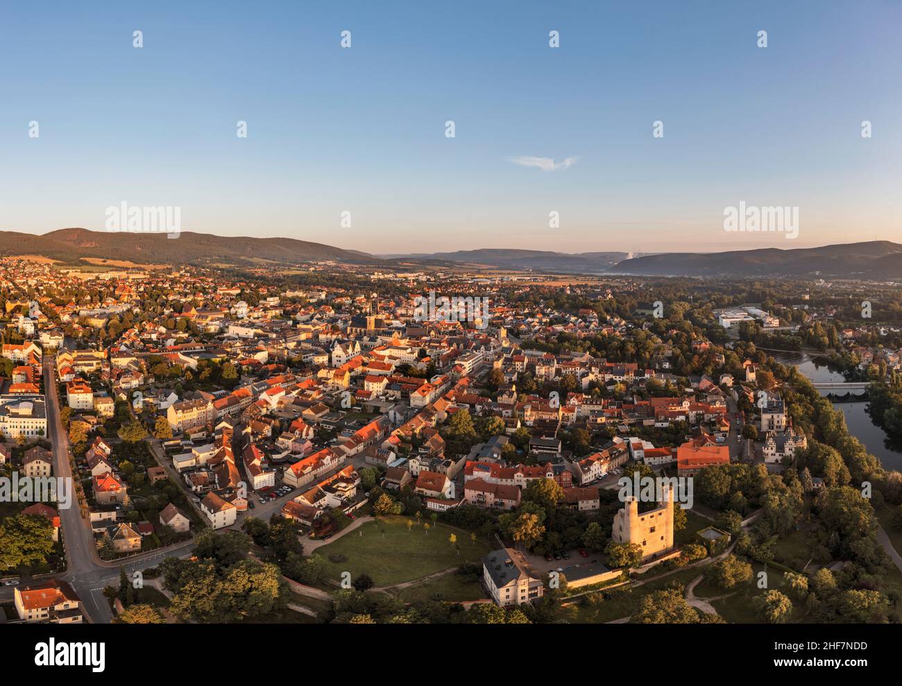 Germany,  Thuringia,  Saalfeld,  high swarm,  castle ruins,  town,  Saale,  Johanneskirche (background),  overview,  aerial picture,  morning light Stock Photo