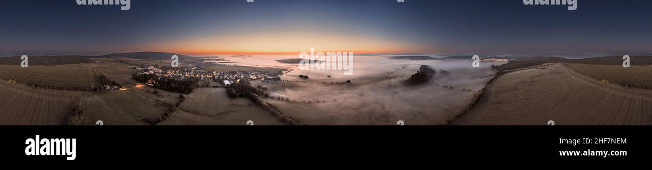 Germany,  Thuringia,  Großbreitenbach (background),  Gillersdorf,  village,  dawn,  ground fog,  covered by fog are Bohlen Wildenspring and Willmersdorf,  aerial view,  360 –° panorama Stock Photo