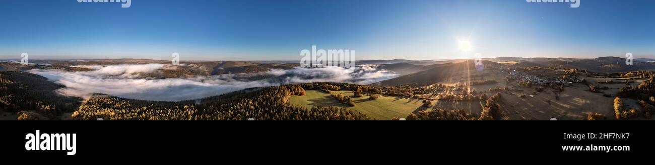 Germany,  Thuringia,  town of Schwarzatal,  Lichtenhain,  village,  landscape,  forest,  fields,  mountains,  valleys,  fog in the Schwarzatal,  low sun,  aerial view,  360 –° panorama,  partly back light Stock Photo