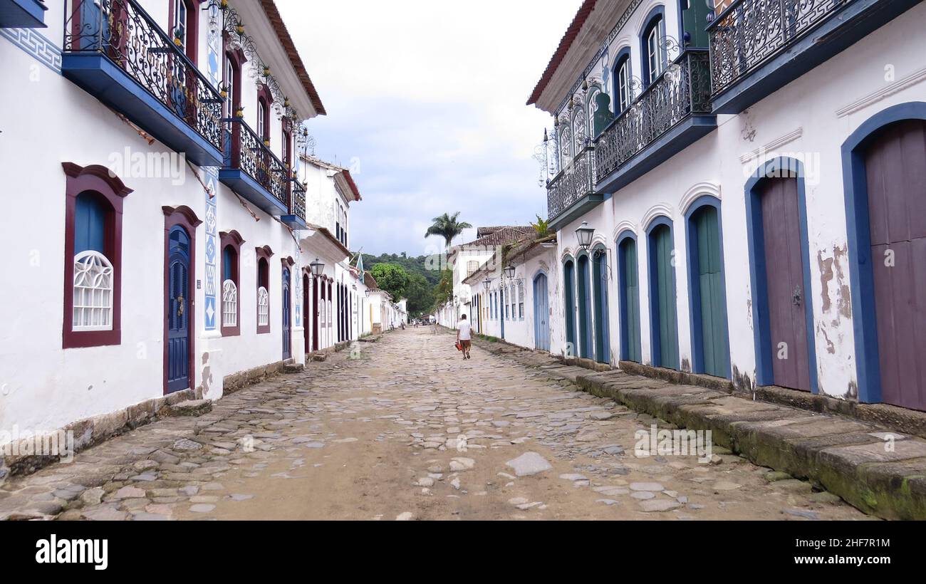 Colonial city with its cobbled street Stock Photo