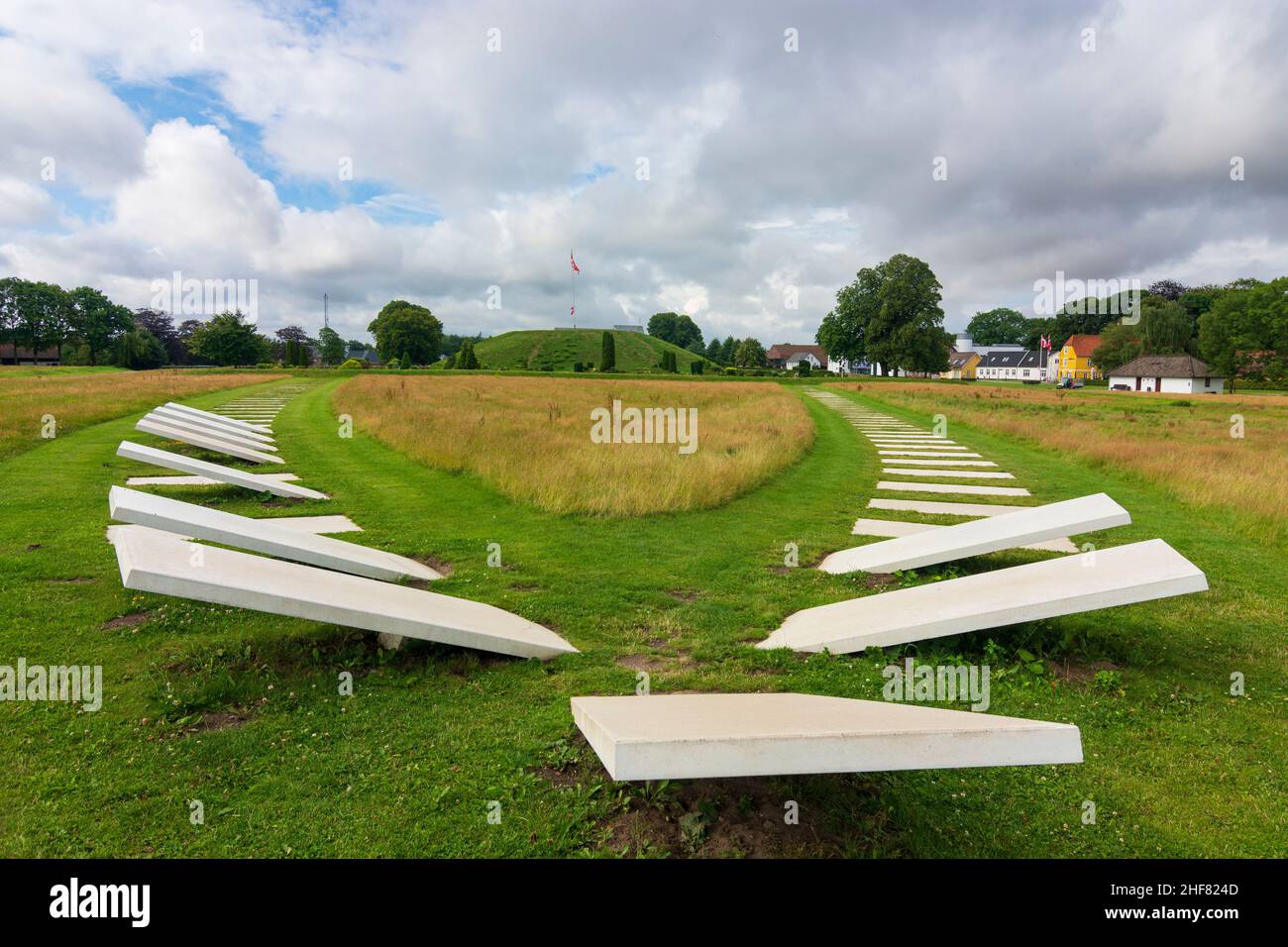 Vejle,  white plates in the floor make the position of a ship's settlement visible in Jelling,  Jylland,  Jutland,  Denmark Stock Photo