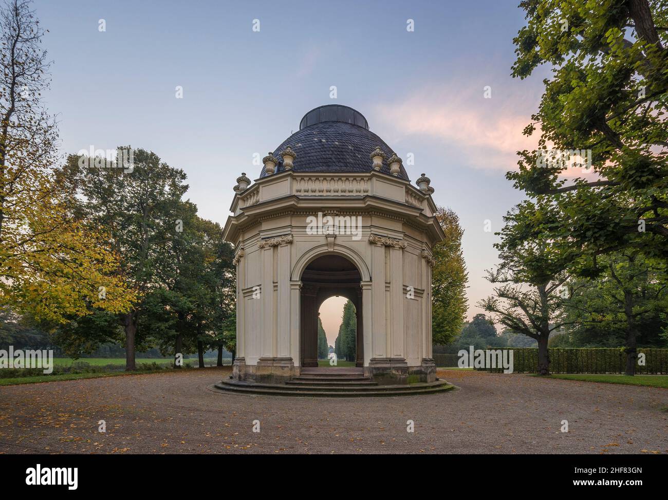 Germany,  Lower Saxony,  Hanover,  pavilion / temple Remy de la Fosse of the Herrenhausen Gardens in the evening Stock Photo