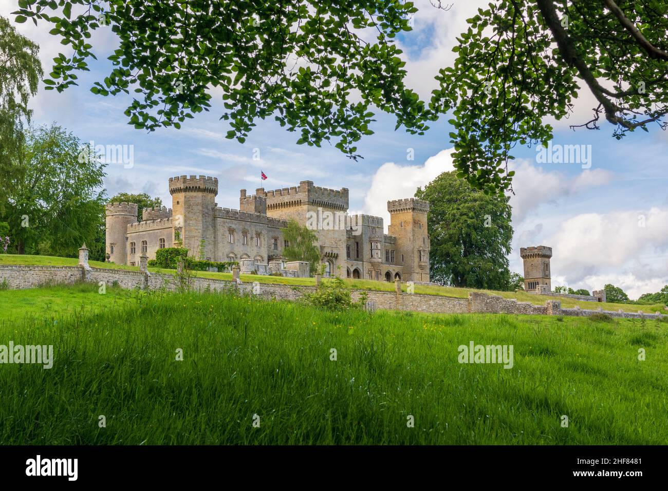 11 June 2021: Richard Payne Knight's Gothic revival Downton Castle with Union Jack flag flying on a sunny summer day Stock Photo