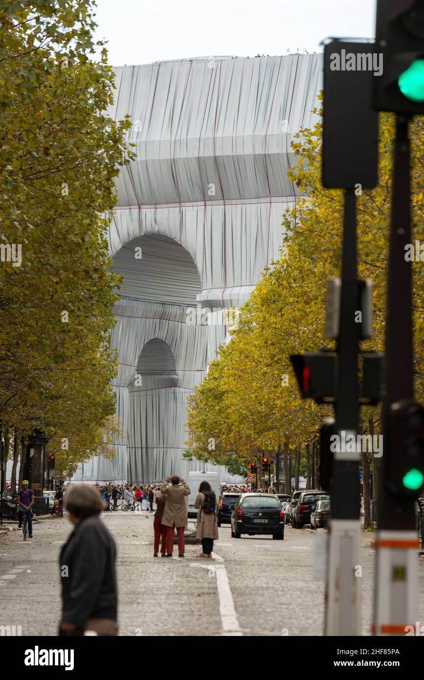 Paris,  France,  Downtown,  Arc d'Triomphe,  Art Installation,  Christo,  Wrapped Stock Photo