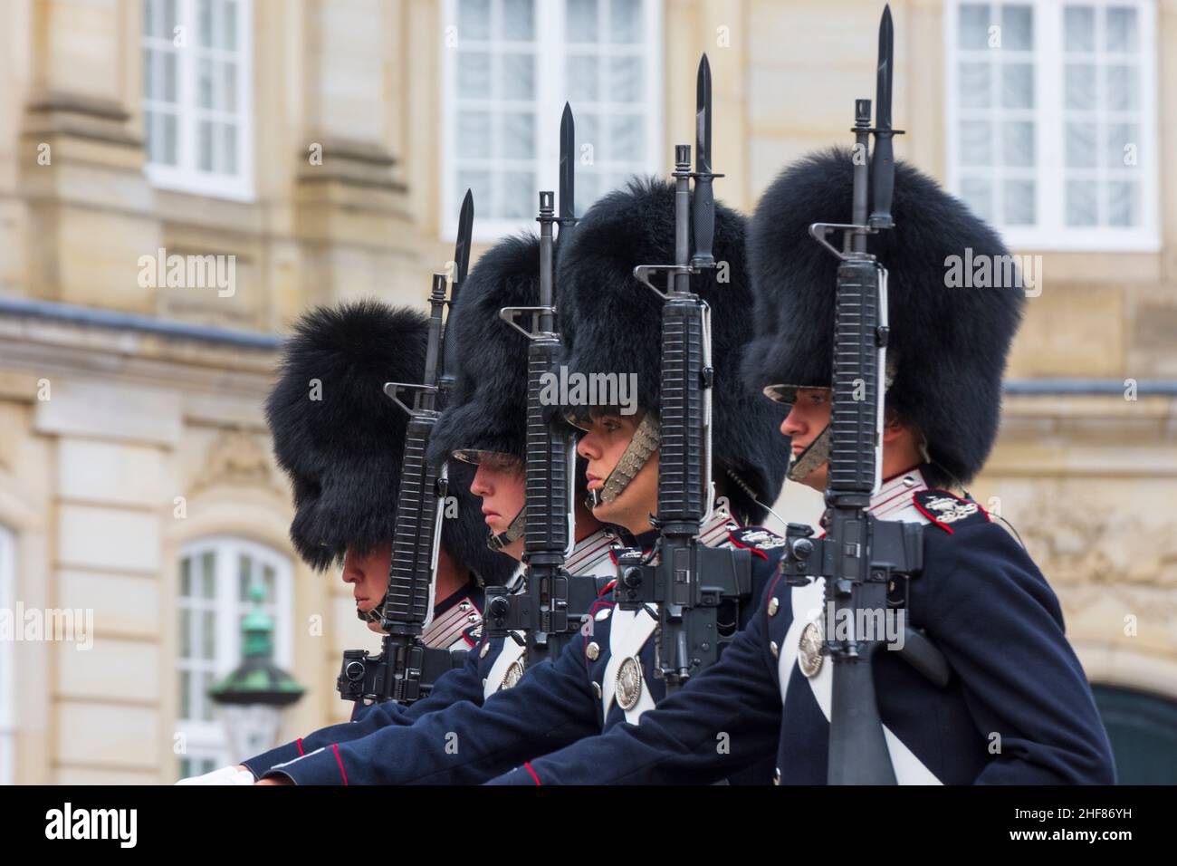 Copenhagen,  Koebenhavn,  Royal Guard,  changing of the guard in front of Amalienborg Palace,  M16 rifle in Zealand,  Sealand,  Sjaelland,  Denmark Stock Photo