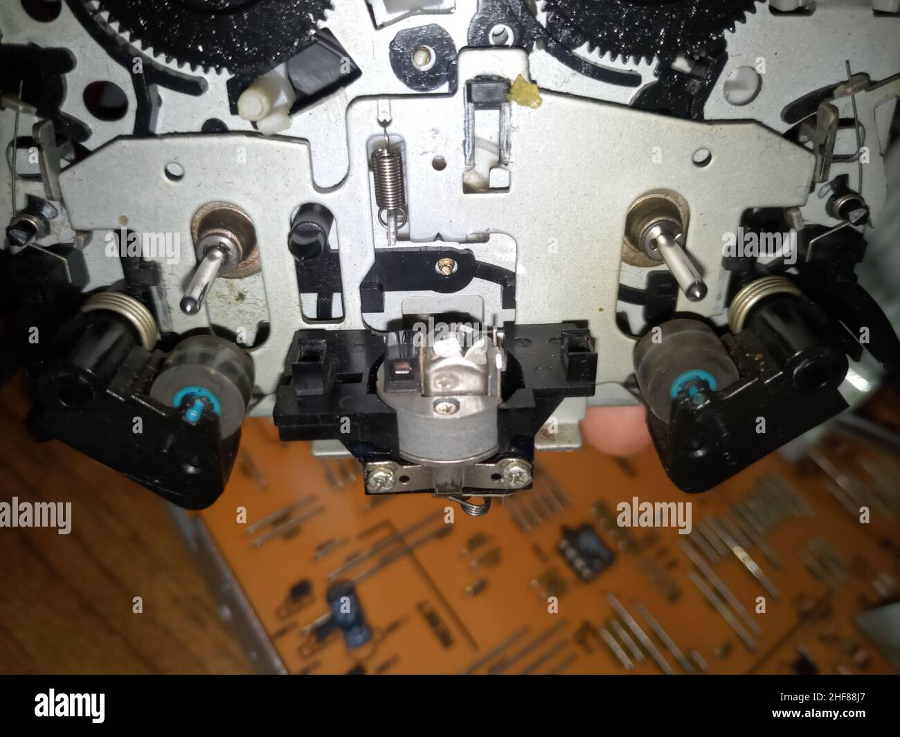 Tape pulling mechanism of the cassette deck. tape recorder repair Stock