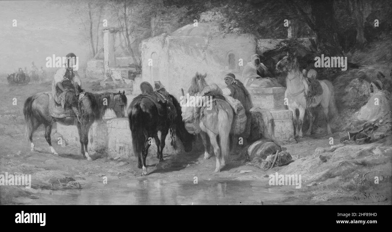 Adolf Schreyer - Arab Horsemen Resting at a Fountain Stock Photo