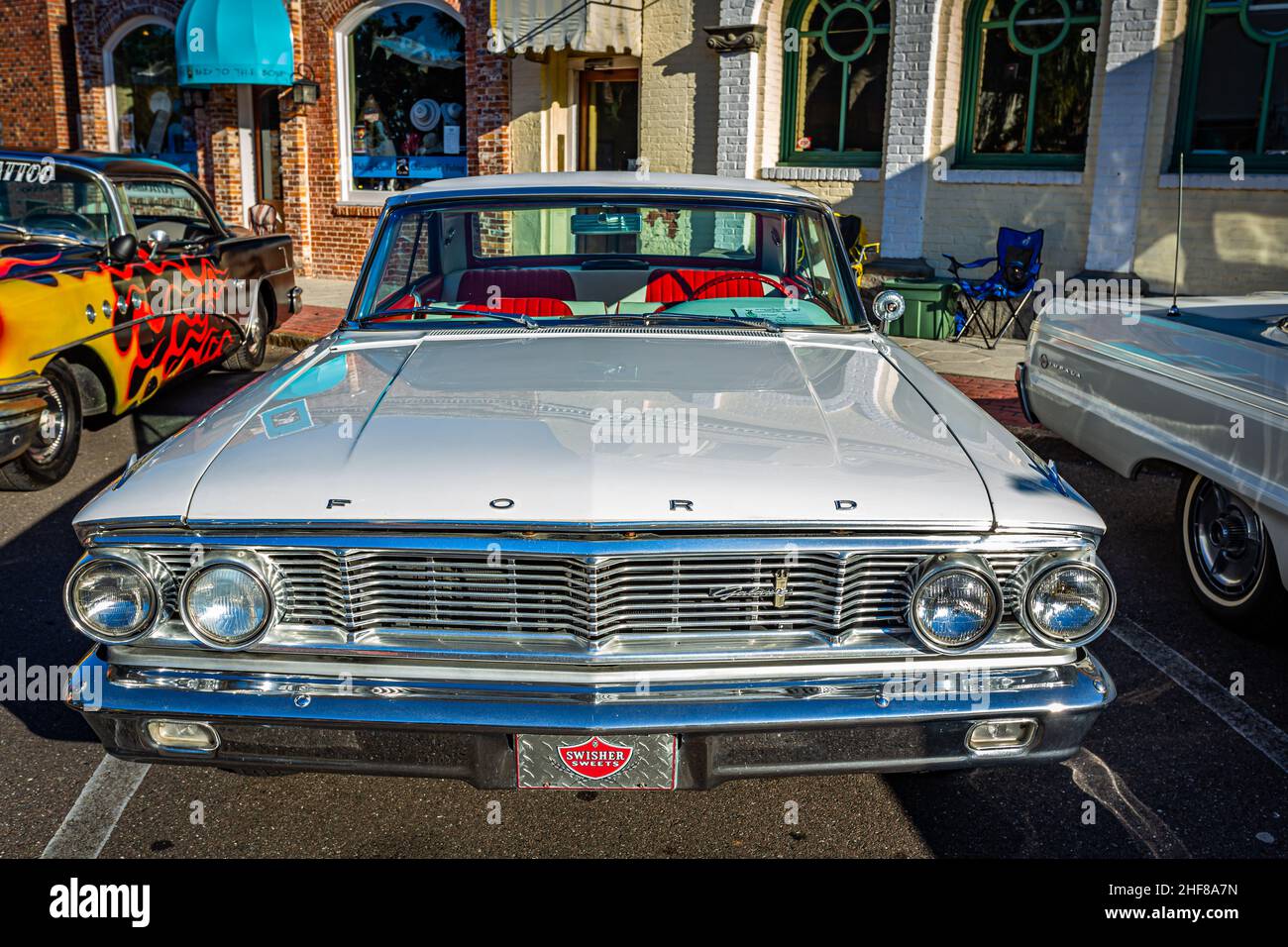 Fernandina Beach, FL - October 18, 2014: Wide angle front view of a 1964 Ford Galaxie 500 hardtop coupe at a classic car show in Fernandina Beach, Flo Stock Photo