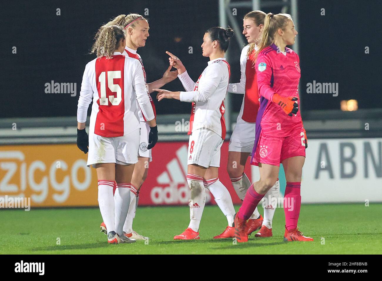 Amsterdam, Netherlands. 14th Jan, 2022. AMSTERDAM, NETHERLANDS - JANUARY 14: Chasity Grant of Ajax, Sherida Spitse of Ajax, Stefanie van der Gragt of Ajax, Lisa Doorn of Ajax are celebrating their win after the match during the Dutch Pure Energie Women Eredivisie match between Ajax and Ado Den Haag at De Toekomst on January 14, 2022 in Amsterdam, Netherlands (Photo by /Orange Pictures) Credit: Orange Pics BV/Alamy Live News Stock Photo