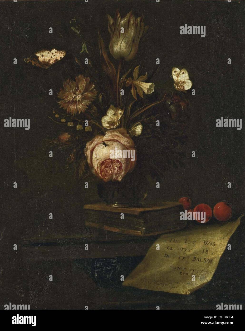 Otto Marseus van Schrieck - Tulipe, oeillet, jonquille et anémone dans un vase posé sur un livre sur une table entouré de papillons. Stock Photo