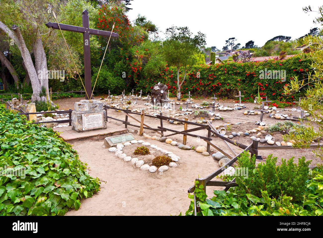 cemetery of Carmel Mission with graves of indians decorated with shells ...