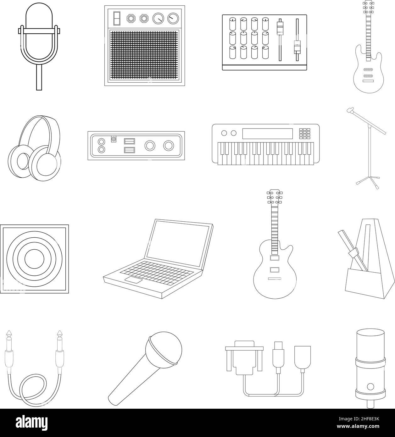 Recording studio set icons in outline style isolated on white