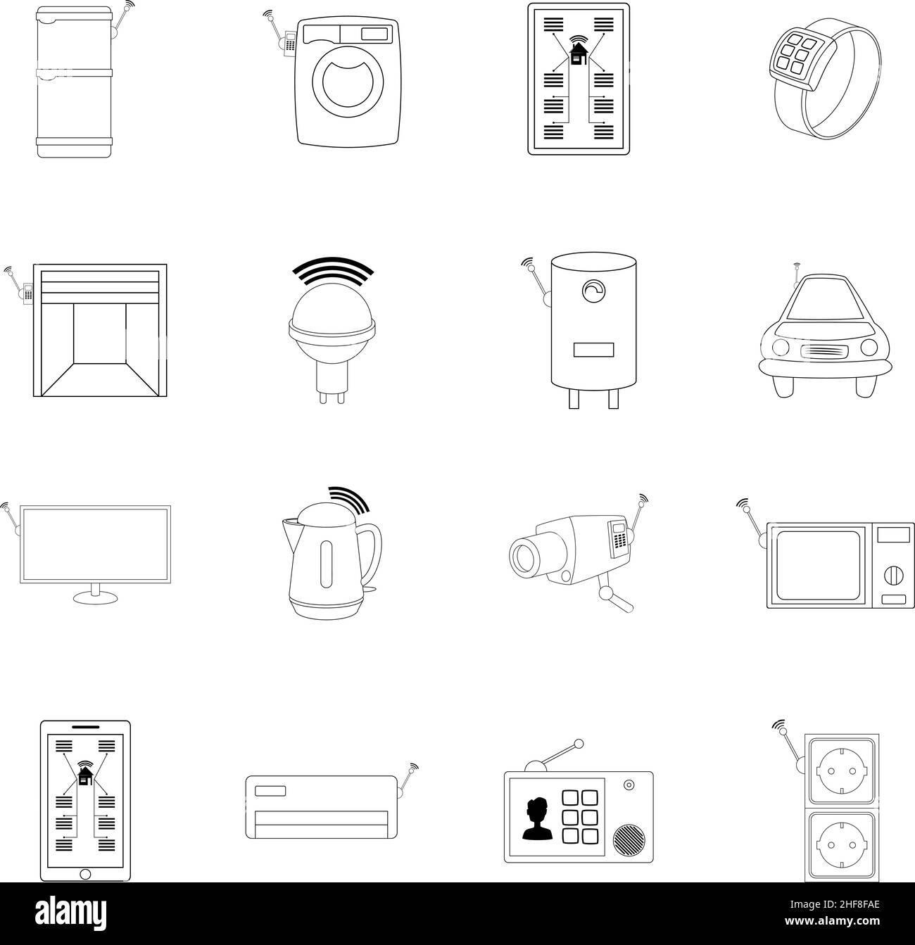 Smart home system set icons in outline style isolated on white ...