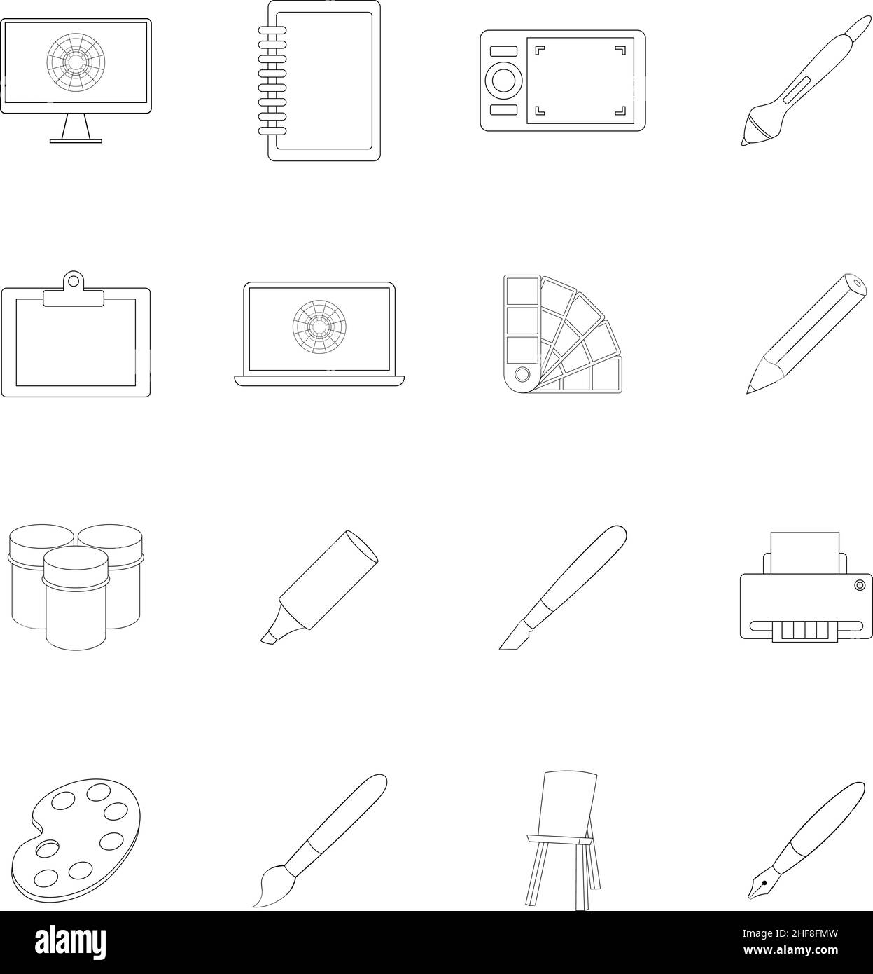 Drawing and painting tools set icons in outline style isolated on white ...