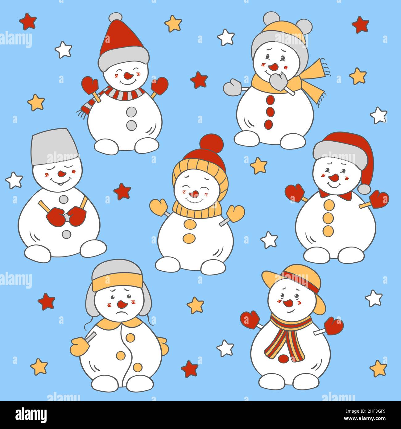 Set with cute Christmas snowmen in winter hats. Vector illustration ...