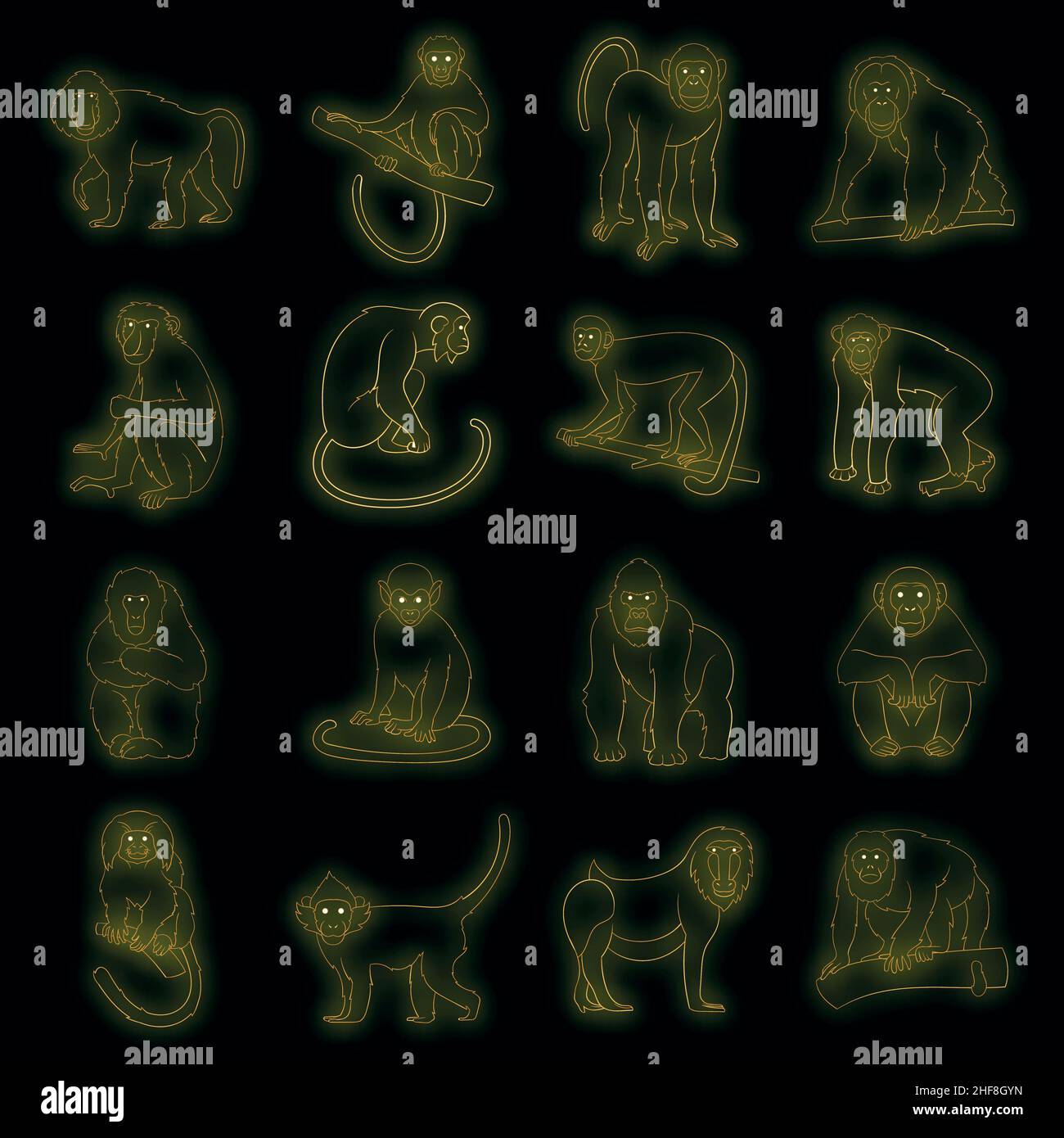 Different monkeys icons set. Illustration of 16 different monkeys ...