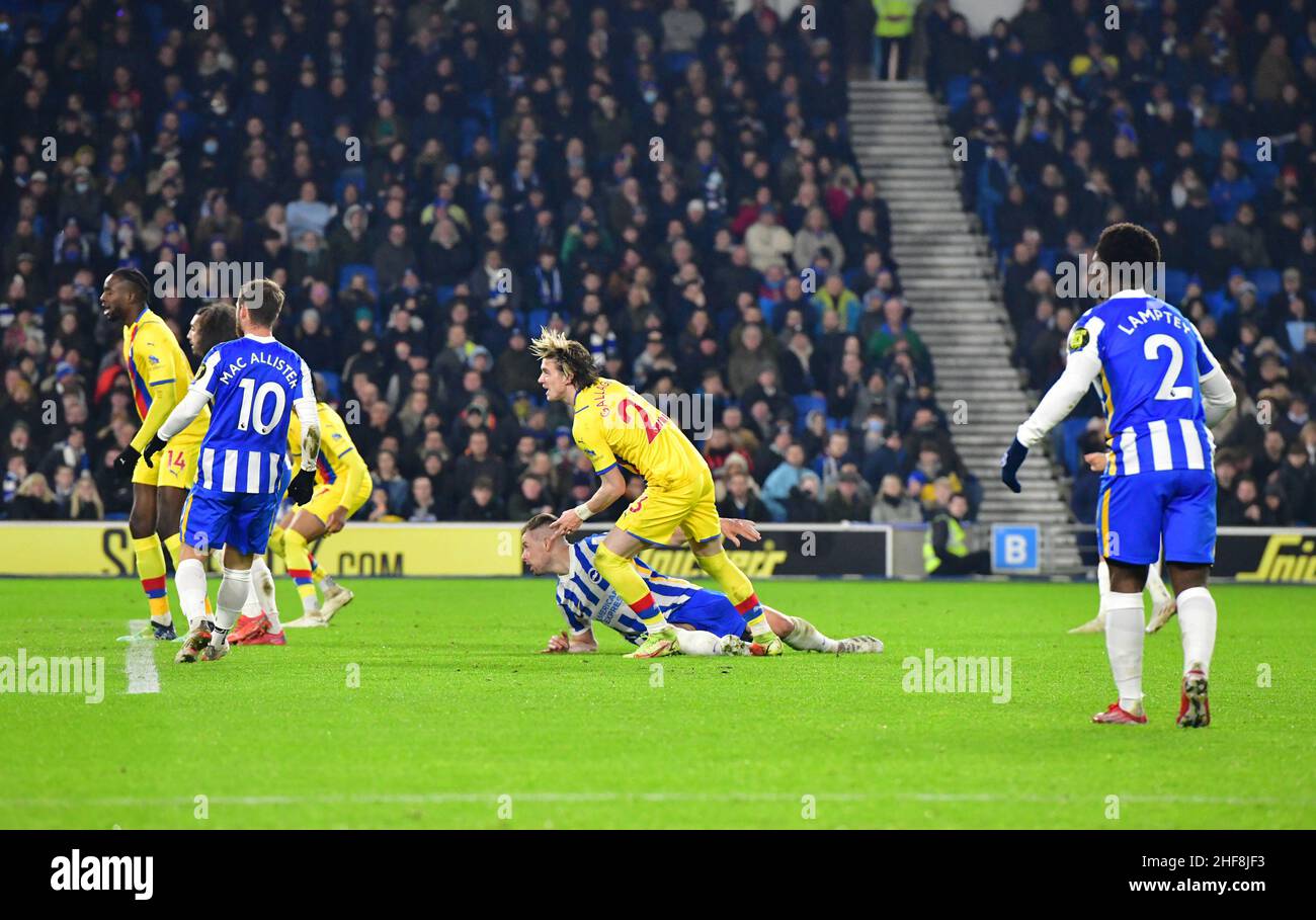 Brighton, UK. 14th Jan, 2022. Conor Gallagher of Crystal Palace shoots and scores during the Premier League match between Brighton & Hove Albion and Crystal Palace at The Amex on January 14th 2022 in Brighton, England. (Photo by Jeff Mood/phcimages.com) Credit: PHC Images/Alamy Live News Stock Photo