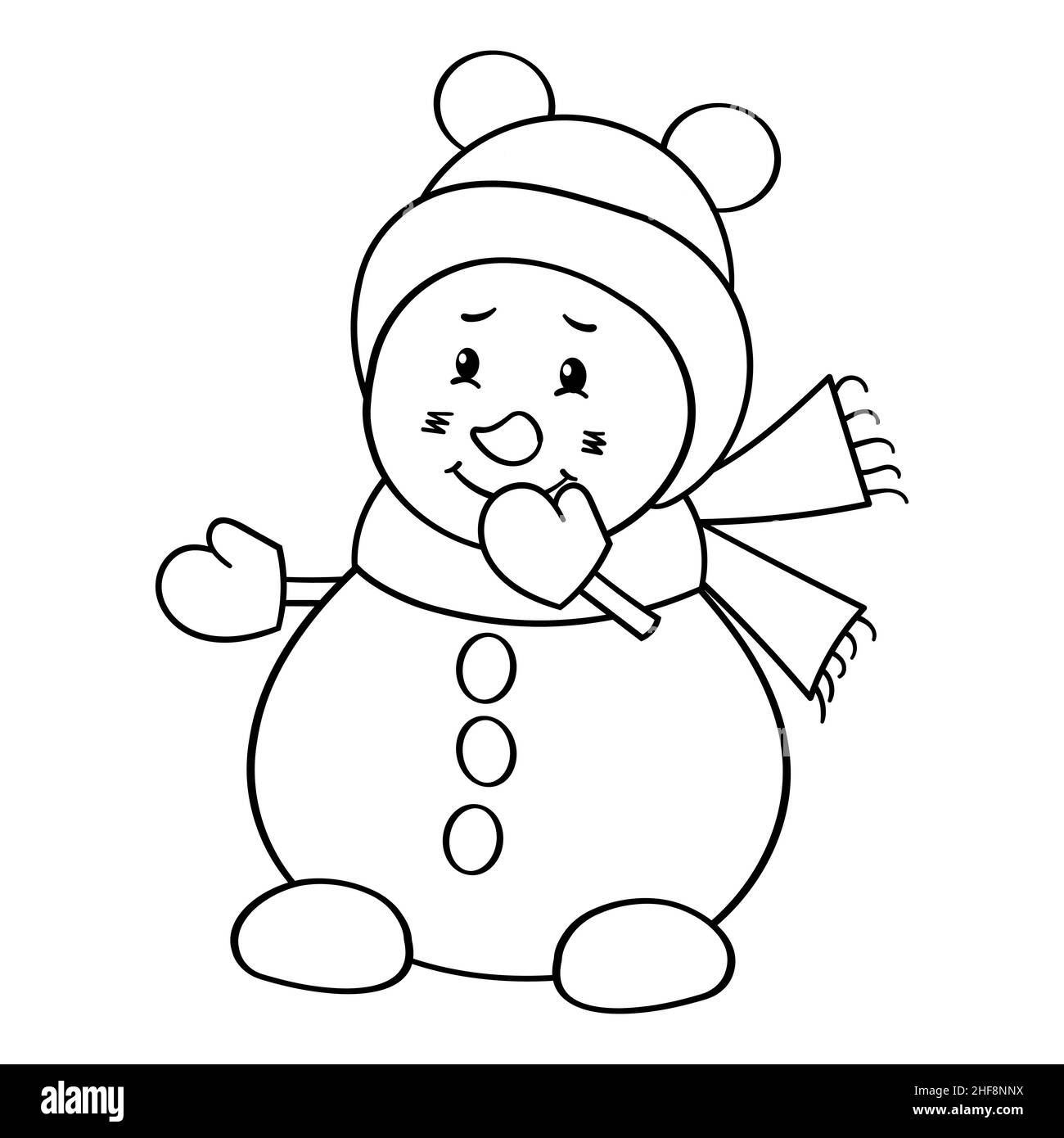 Vector coloring page with a cute snowman in a winter hat Stock Vector