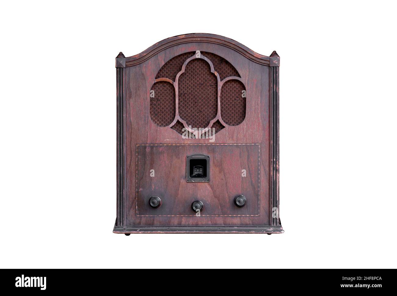 Cathedral style radio from the 1930's. This early wooden radio broadcast news during the 'Great Depression. Stock Photo