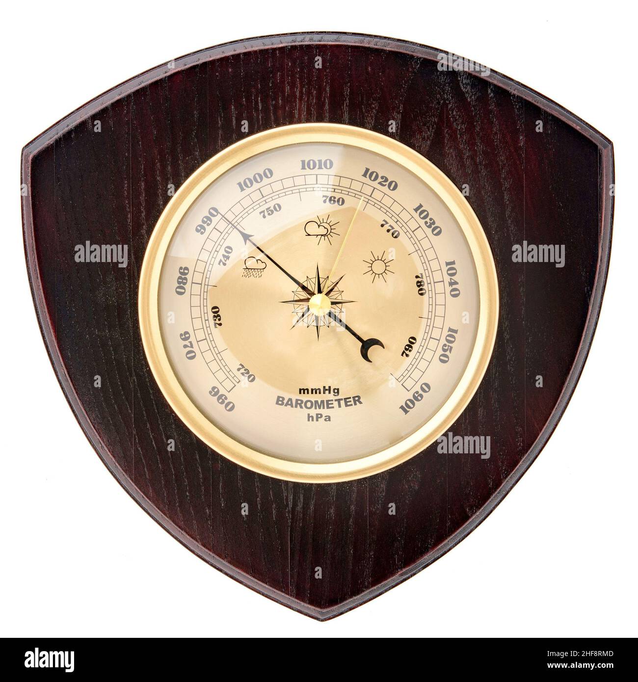 Vintage wooden clock with barometer and Old marine style thermometer on a  white background. Wall decor for the interior Stock Photo - Alamy