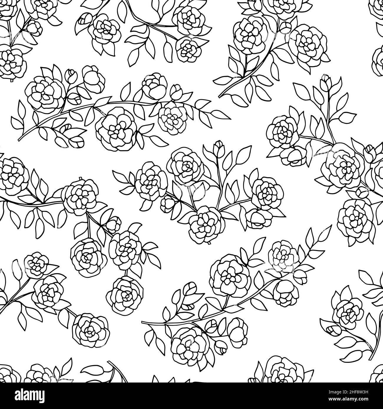 Vector seamless pattern with hand-drawn flowering branches, coloring ...