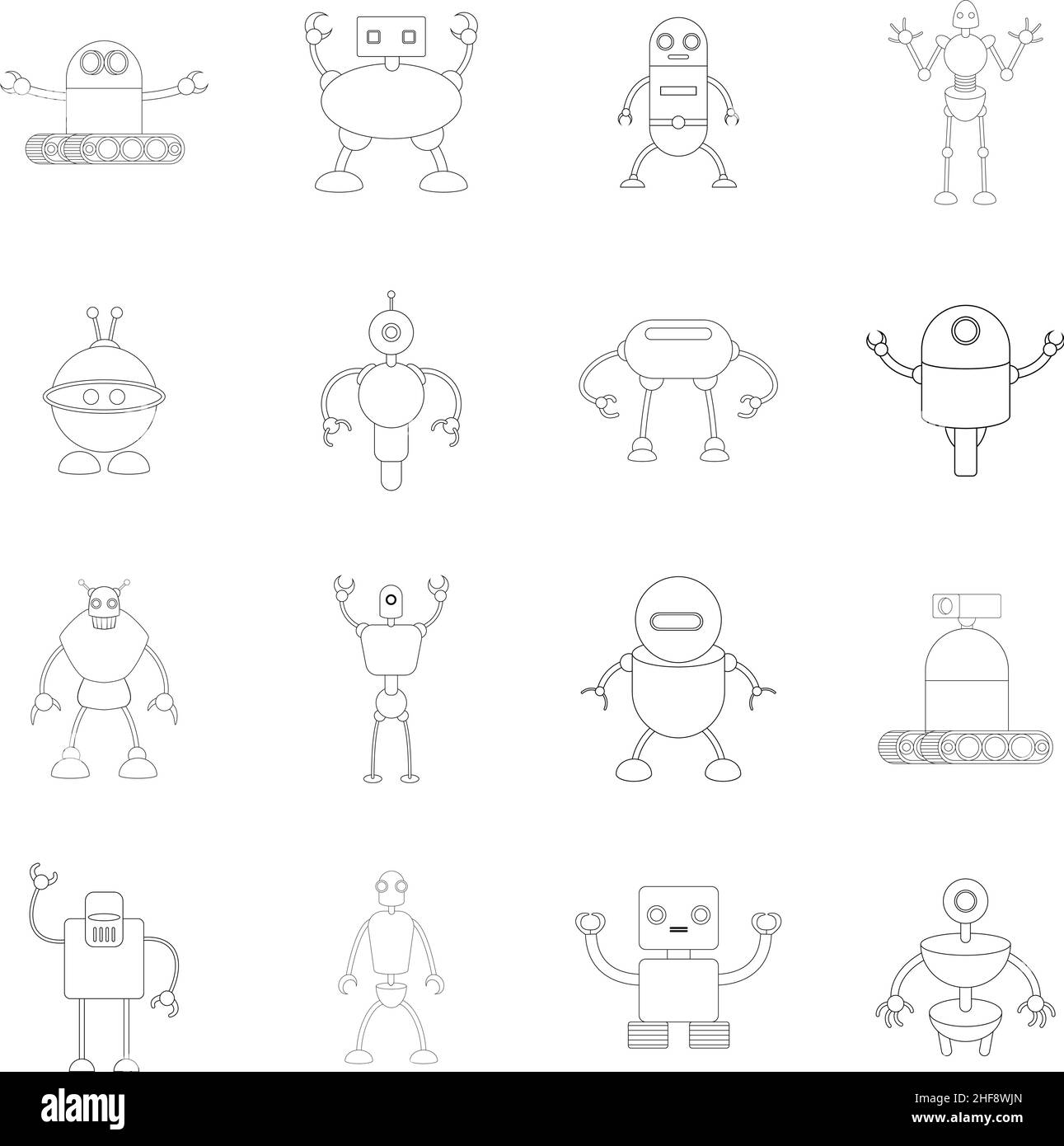 Robot set icons in outline style isolated on white background Stock ...