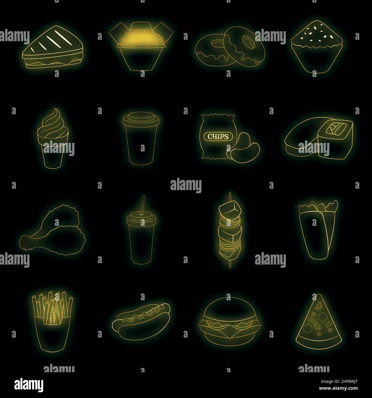 Fast food icons set. Illustration of 16 fast food vector icons neon ...
