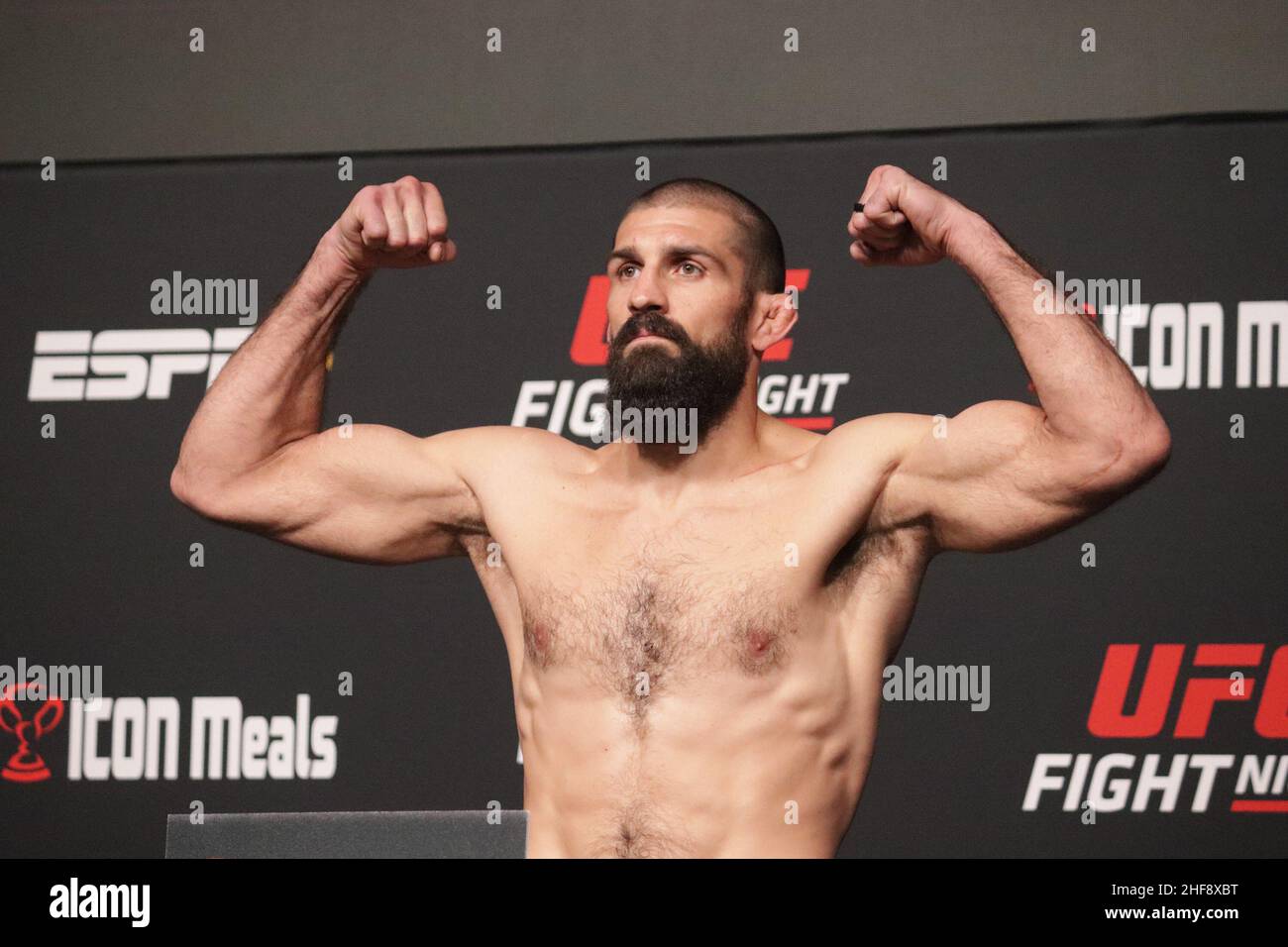Las Vegas, USA. 14th Jan, 2022. LAS VEGAS, NV - JANUARY 14: Court McGee poses on the scale during the UFC Vegas 46: Kattar v Chikadze Weigh in at UFC Apex on January 14, 2022 in Las Vegas, Nevada, United States. (Photo by Diego Ribas/PxImages) Credit: Px Images/Alamy Live News Stock Photo