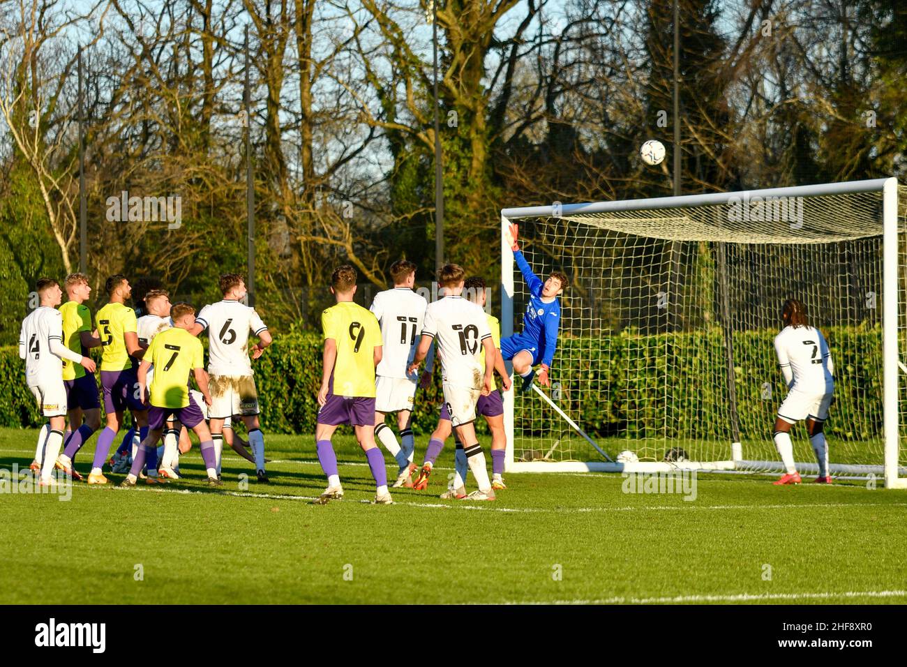 Swansea, Wales. 14 January, 2022. Action during the Premier League Cup game between Swansea City Under 23s and Exeter City Under 23s at the Swansea City Academy in Swansea, Wales, UK on 14 January 2022. Credit: Duncan Thomas/Majestic Media. Credit: Majestic Media Ltd/Alamy Live News Stock Photo