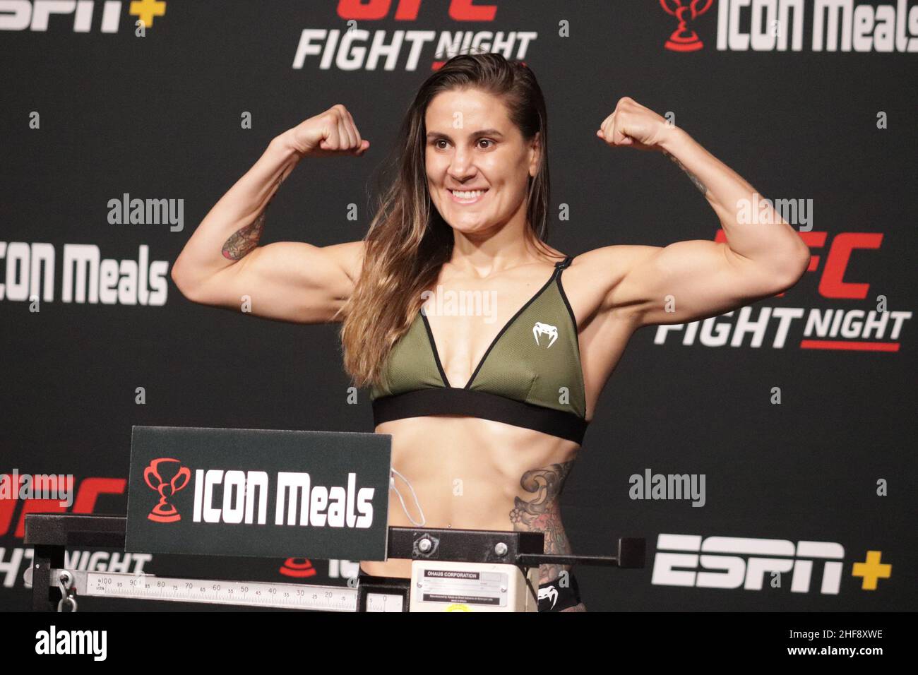 Las Vegas, USA. 14th Jan, 2022. LAS VEGAS, NV - JANUARY 14: Jennifer Maia poses on the scale during the UFC Vegas 46: Kattar v Chikadze Weigh in at UFC Apex on January 14, 2022 in Las Vegas, Nevada, United States. (Photo by Diego Ribas/PxImages) Credit: Px Images/Alamy Live News Stock Photo