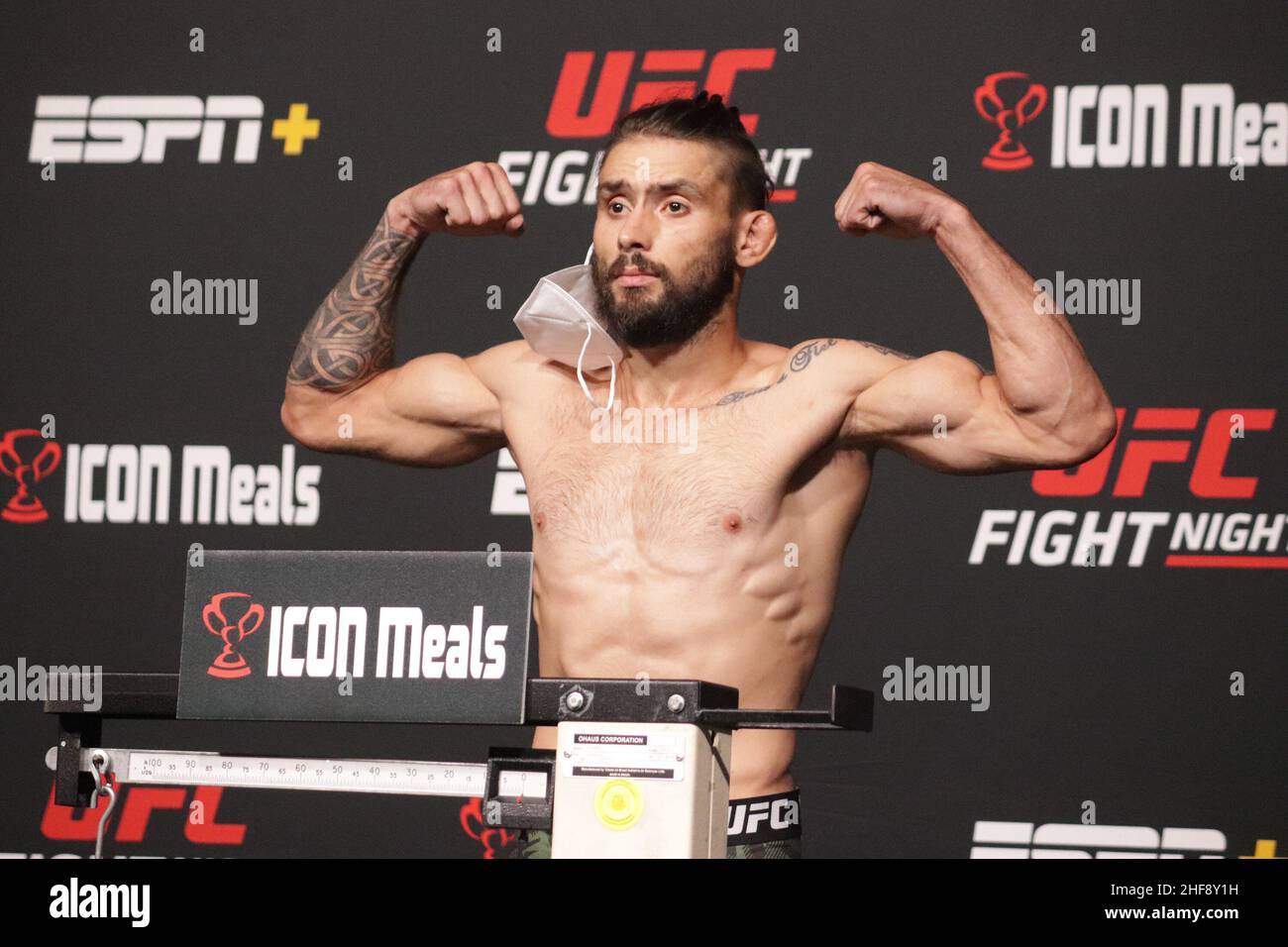 Las Vegas, USA. 14th Jan, 2022. LAS VEGAS, NV - JANUARY 14: Rogério Bontorin poses on the scale during the UFC Vegas 46: Kattar v Chikadze Weigh in at UFC Apex on January 14, 2022 in Las Vegas, Nevada, United States. (Photo by Diego Ribas/PxImages) Credit: Px Images/Alamy Live News Stock Photo