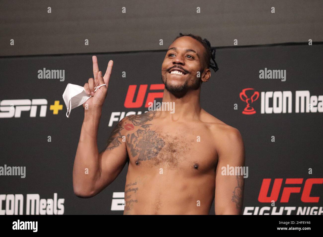 Las Vegas, USA. 14th Jan, 2022. LAS VEGAS, NV - JANUARY 14: Joseph Holmes poses on the scale during the UFC Vegas 46: Kattar v Chikadze Weigh in at UFC Apex on January 14, 2022 in Las Vegas, Nevada, United States. (Photo by Diego Ribas/PxImages) Credit: Px Images/Alamy Live News Stock Photo