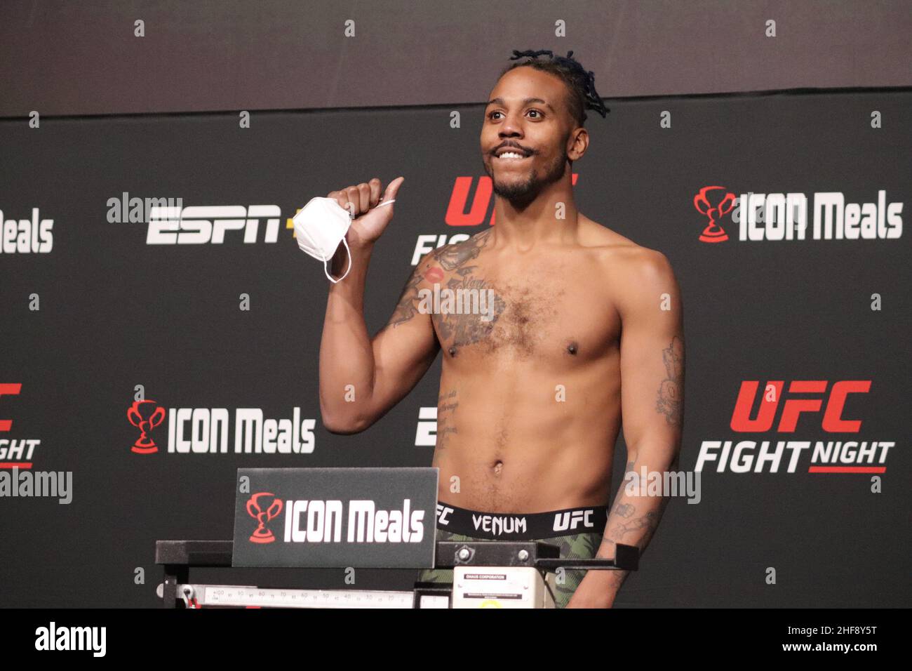 Las Vegas, USA. 14th Jan, 2022. LAS VEGAS, NV - JANUARY 14: Joseph Holmes poses on the scale during the UFC Vegas 46: Kattar v Chikadze Weigh in at UFC Apex on January 14, 2022 in Las Vegas, Nevada, United States. (Photo by Diego Ribas/PxImages) Credit: Px Images/Alamy Live News Stock Photo